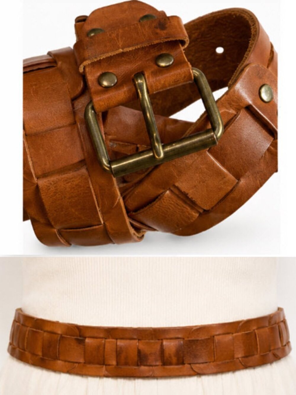 Vintage Brown Leather Woven Wide Belt Brass Buckle